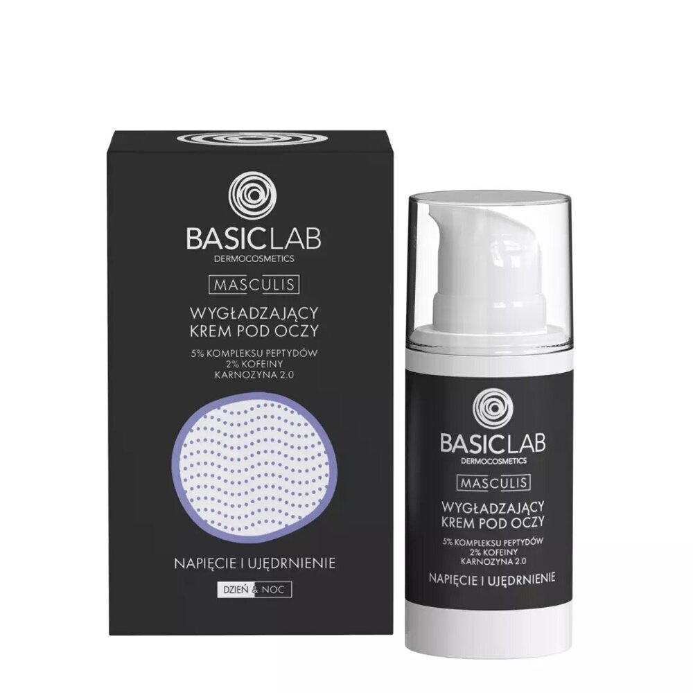 BasicLab Masculis Smoothing Eye Cream 5% Peptide Complex 2% Caffeine 2.0 Carnosine Tension and Firming for Men Day and Night 15ml