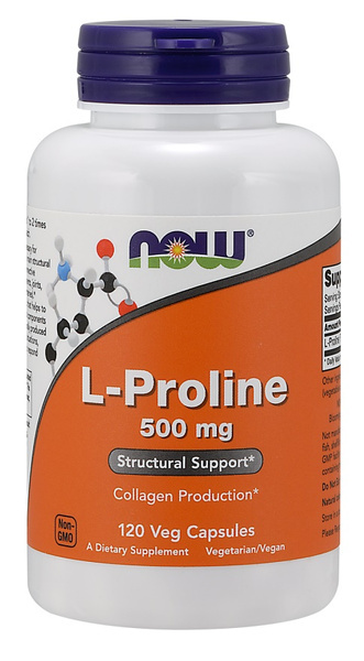 NOW Foods L-Proline 500 mg Collagen Production and Tissue Structure Support 120 Capsules