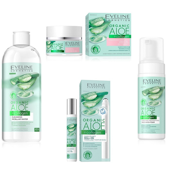 Eveline Organic Aloe + Collagen Zestaw do Twarzy Płyn Micelarny + Pianka + Krem  do Twarzy + Krem pod Oczy