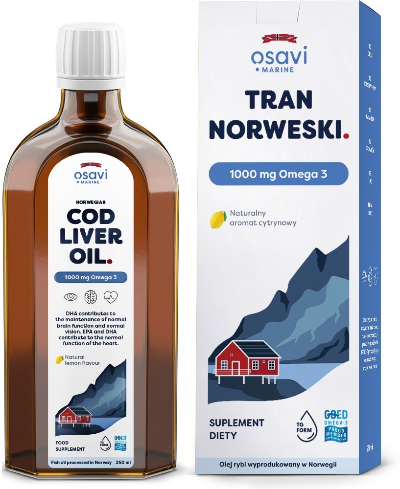 Osavi Norwegian Cod Liver Oil 1000mg Omega 3 Wspiera Zdrowie Sreca Mózgu i Prawidłowe Widzenie Smak Cytrynowy 250ml