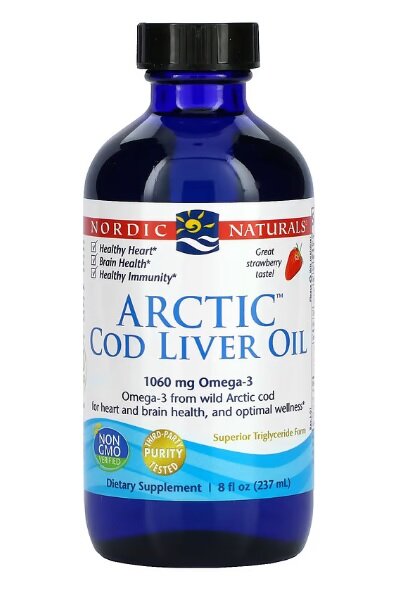 Nordic Naturals Arctic Cod Liver Oil 1060mg Tran z Dorsza Wspomaga Układ Odpornościowy i Pracę Serca Smak Truskawkowy 237ml