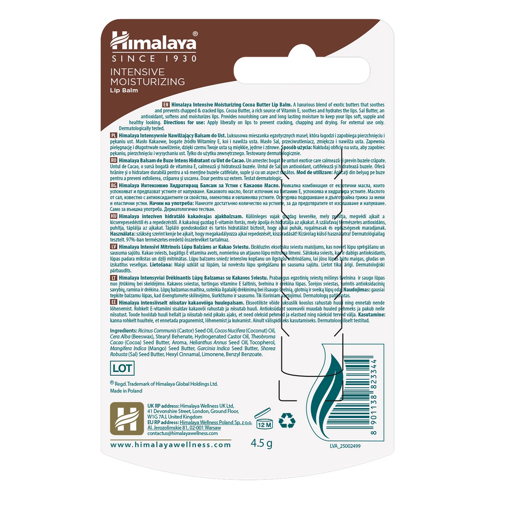 Himalaya Intensive Moisturizing Cocoa Butter Intensywnie Nawilżający Balsam do Ust z Masłem Kakaowym 4.5g