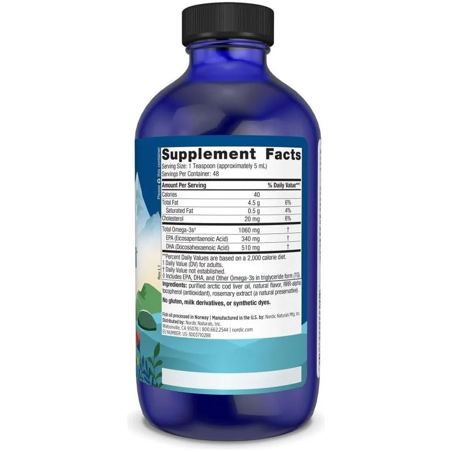 Nordic Naturals Arctic Cod Liver Oil 1060mg Wspomaga Układ Odpornościowy Pracę Mózgu i Serca Smak Pomarańczowy 237ml