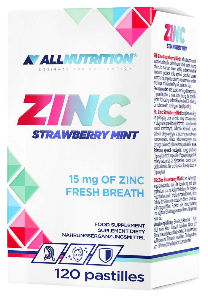 Allnutrition Zinc 15mg Wspomaga Układ Odpornościowy Truskawka Mięta 120 Pastylek