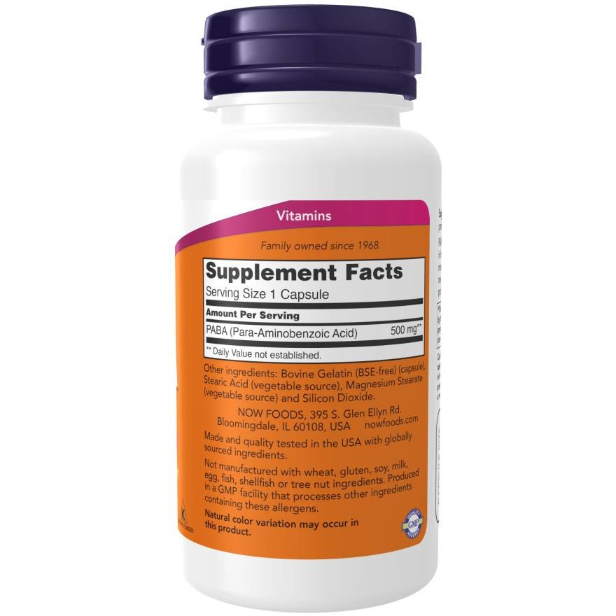 Now Foods PABA 500mg Kwas P-Aminobenzoesowy 100 Kapsułek