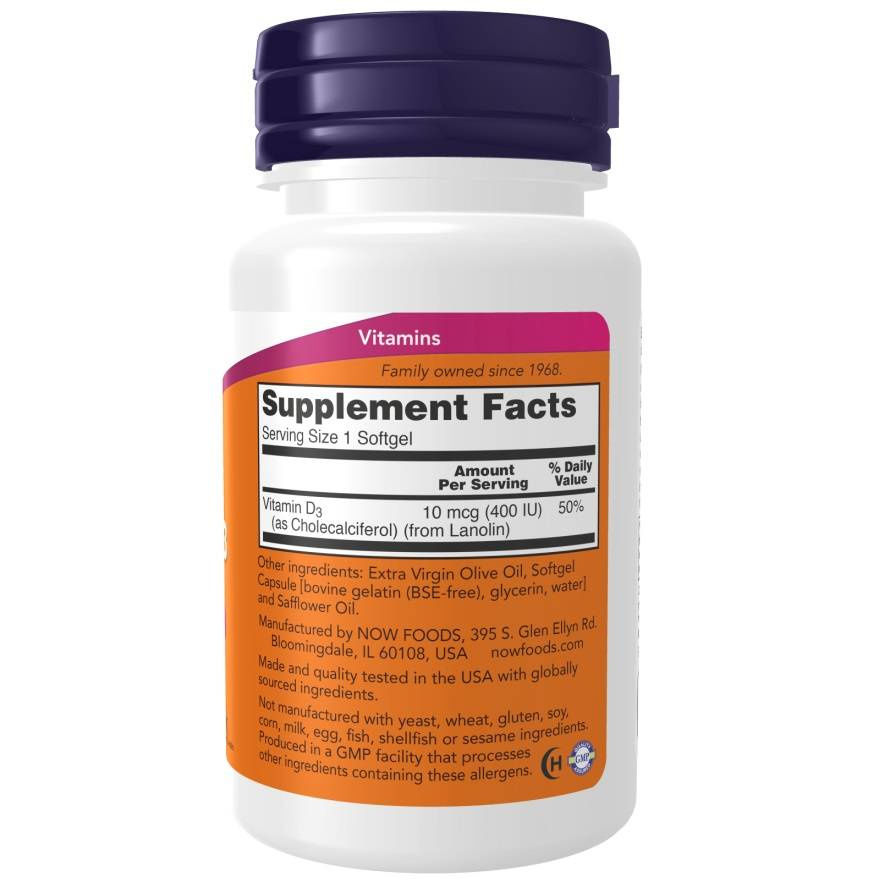 Now Foods Vitamin D-3 400 IU Supports Immunity Bone and Muscle Health and Brain Function 180 Softgels