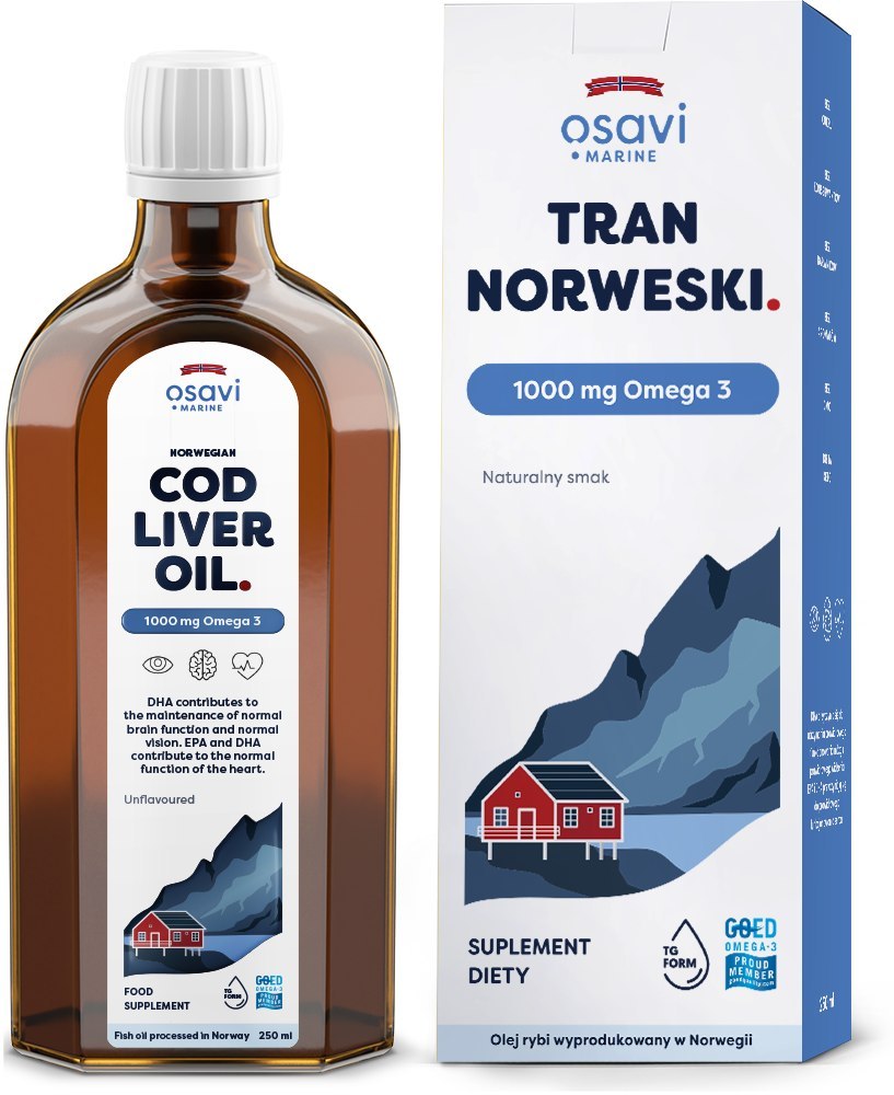 Osavi Norwegian Cod Liver Oil 1000mg Omega 3 Wspiera Pracę Serca Mózgu oraz Prawidłowe Widzenie Naturalny Smak 250ml