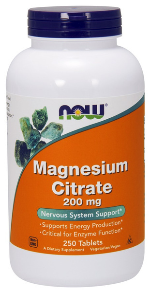 NOW Foods Magnesium Citrate 200mg Magnez na Skurcze Serce i Mocne Kości 250 Tabletek