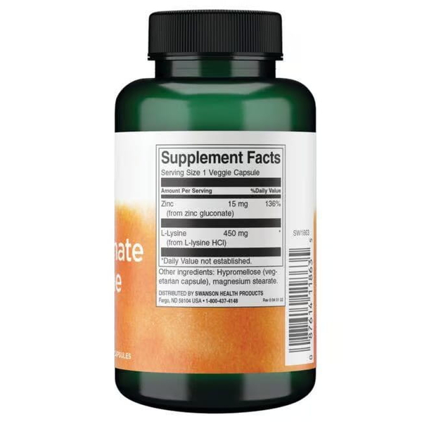 Swanson Zinc Gluconate & L-Lysine 90 Capsules