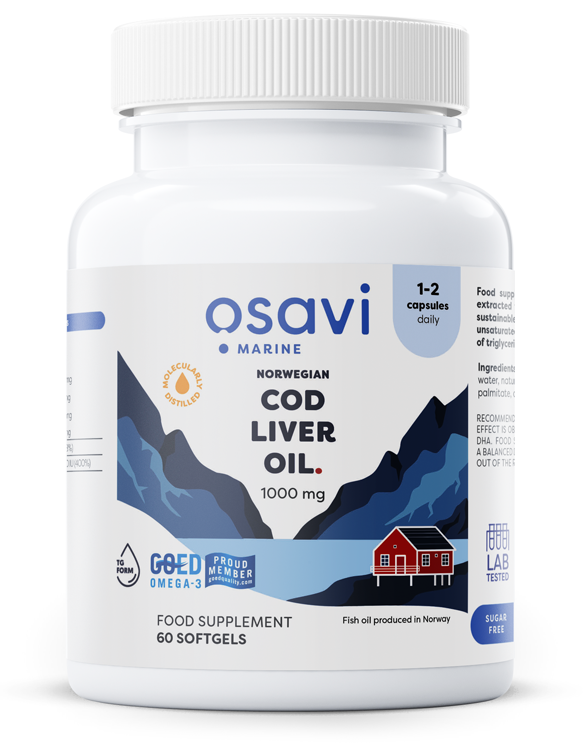 Osavi Norwegian Cod Liver Oil Softgels 1000mg Wspiera Pracę Serca Mózgu i Prawidłowe Widzenie Smak Cytrynowy 60 Kapsułek