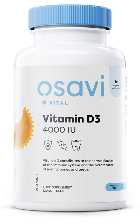 Osavi Vitamin D3 4000IU Wspiera Odporność Organizmu Zdrowie Kości i Stawów 120 Kapsułek