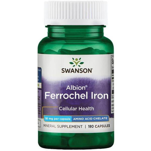 Swanson Albion Ferrochel Iron 18mg Chelat Żelaza Wspomaga Produkcję Czerwonych Krwinek 180 Kapsułek