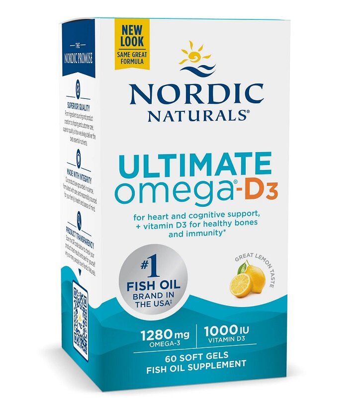 Nordic Naturals Ultimate Omega-D3 Fish Oil 1280mg Supports Body Immune System Heart and Brain Lemon 60 Softgels