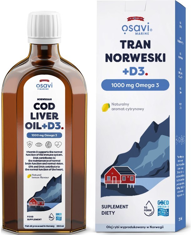 Osavi Norwegian Cod Liver Oil + D3 1000mg Omega 3 Wspomaga Pracę Serca i Mózgu Wspiera Układ Odpornościowy i Prawidłowe Widzenie Smak Cytrynowy 250ml