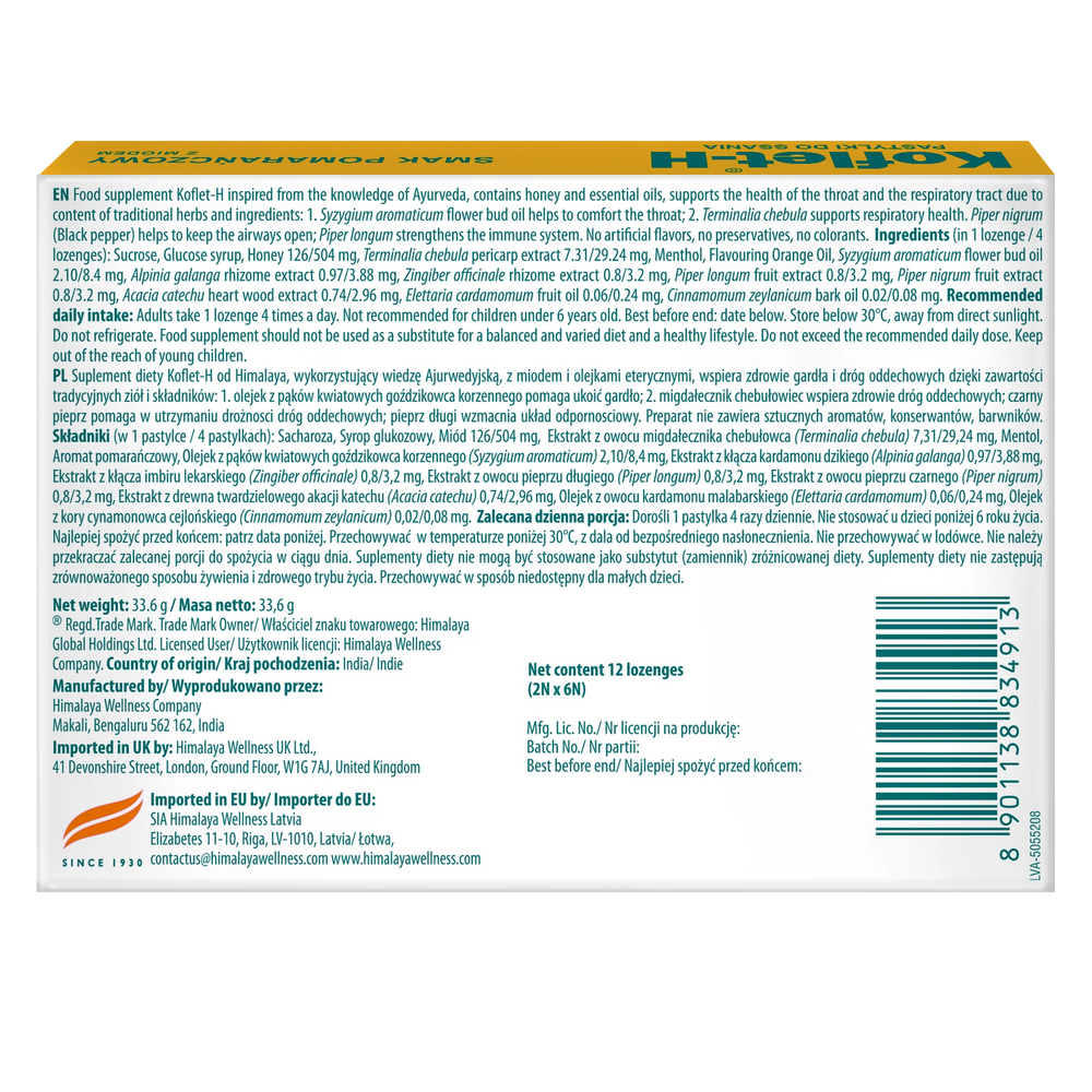 Himalaya Koflet-H Pomarańcza Wspiera Zdrowie Dróg Oddechowych 12 Pastylek do Ssania
