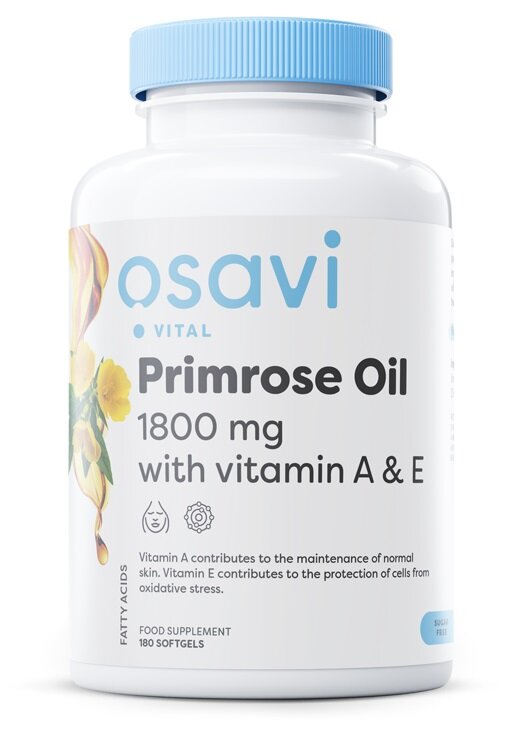 Osavi Primrose Oil with Vitamin A & E 1800mg Olej z Wiesiołka Wspiera Zdrowie Skóry 180 Kapsułek