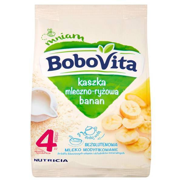BoboVita Bezglutenowa Kaszka Mleczno Ryżowa o Smaku Bananów dla NIemowląt po 4 Miesiącu 230g