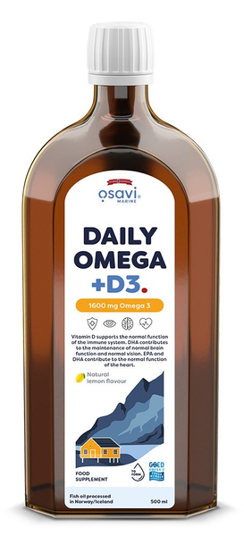 Osavi Daily Omega + D3 1600mg Omega 3 z Witaminą D3 w Płynie o Smaku Cytrynowym 500ml