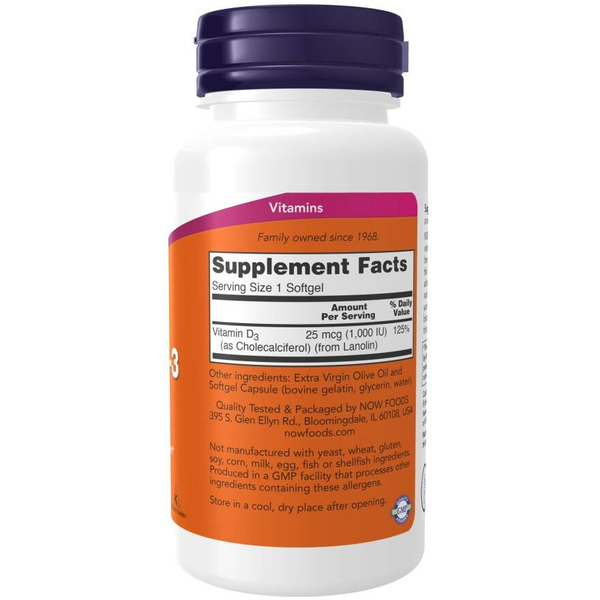 Now Foods Vitamin D-3 1000 IU Wsparcie Odporności Mózgu i Mięśni 360 Kapsułek