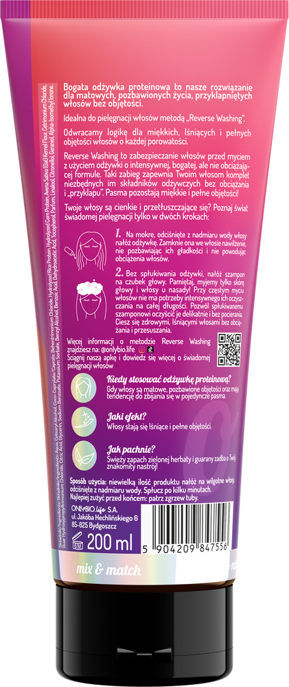 OnlyBio Reverse Washing Bogata Odżywka Proteinowa dla Włosów Matowych Pozbawionych Objętości 200ml