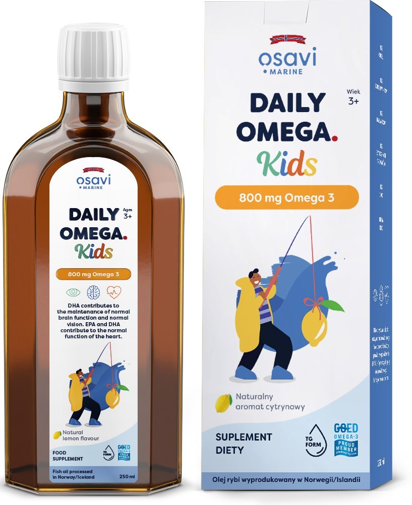 Osavi Daily Omega Kids 800mg Omega 3 Wsparcie Zdrowia Serca Mózgu i Dobrego Widzenia dla Dzieci powyżej 3 Roku Życia Naturalny Smak Cytrynowy 250ml