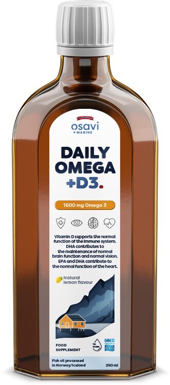 Osavi Daily Omega + D3 1600mg Omega 3 Supports Heart and Brain Function Natural Lemon 250ml