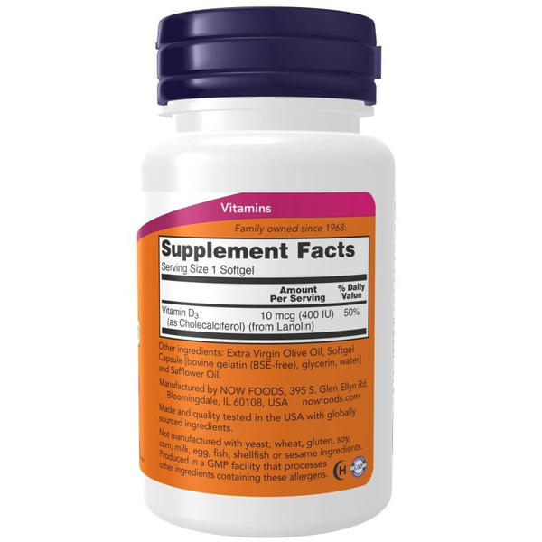 Now Foods Vitamin D-3 400 IU Supports Immunity Bone and Muscle Health and Brain Function 180 Softgels