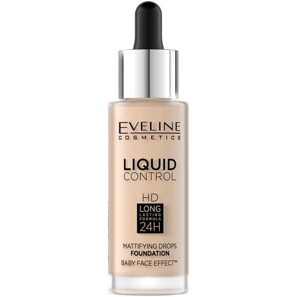 Eveline Liquid Control HD Lekki Podkład do Twarzy z Dropperem Doskonały Efekt Matowienia 001 Porcelain 32ml