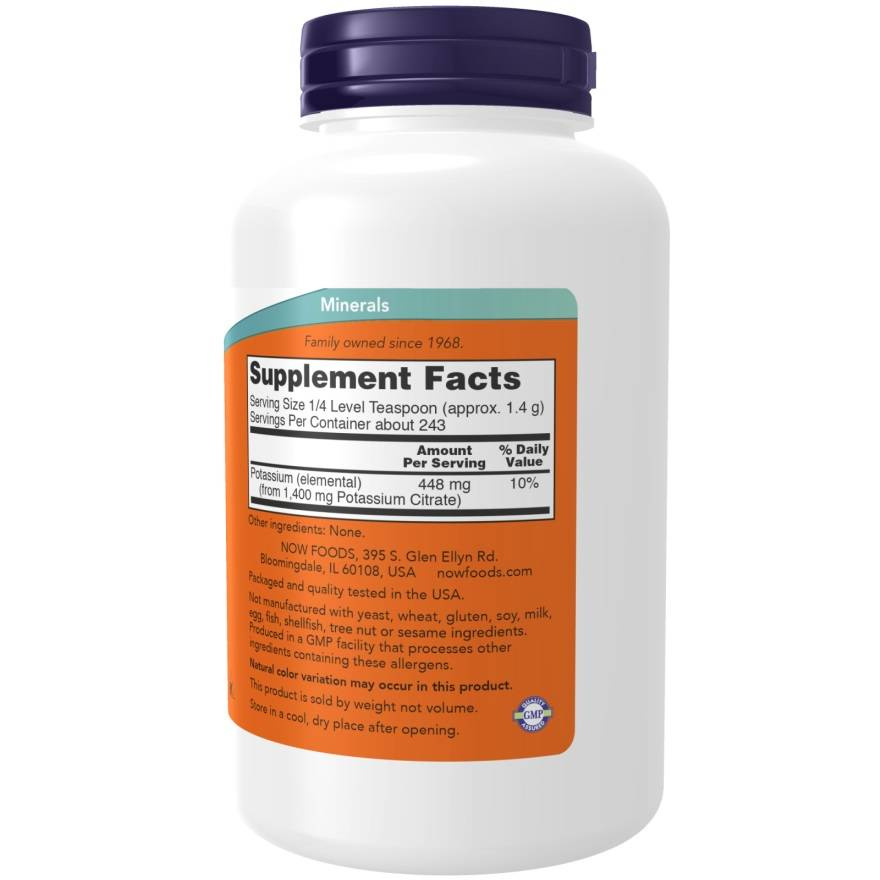 Now Foods Potassium Citrate Pure Powder Cytrynian Potasu Puder Wspomaga Skurcze Mięśni 340g
