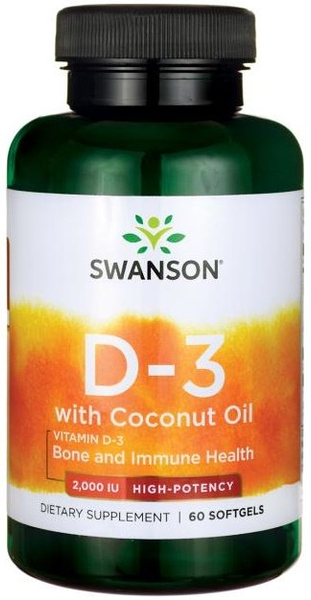 Swanson Vitamin D-3 2000 IU Witamina D3 z Olejem Kokosowym 60 Kapsułek