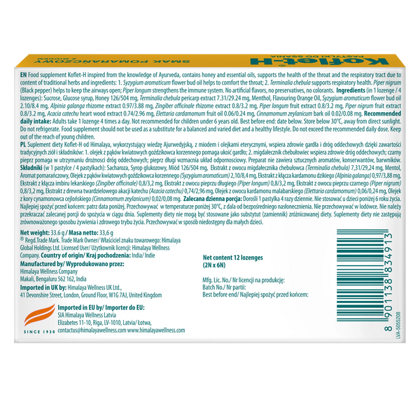 Himalaya Koflet-H Pomarańcza Wspiera Zdrowie Dróg Oddechowych 12 Pastylek do Ssania