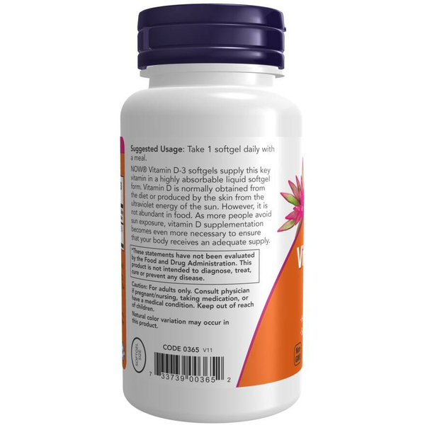Now Foods Vitamin D-3 1000 IU Wsparcie Odporności Mózgu i Mięśni 360 Kapsułek
