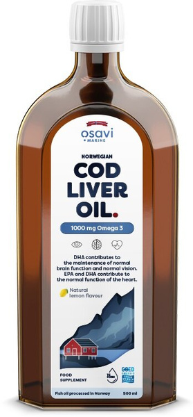 Osavi Norweski Tran z Wątroby Dorsza z 1000mg Omega 3 o Smaku Cytrynowym 500ml