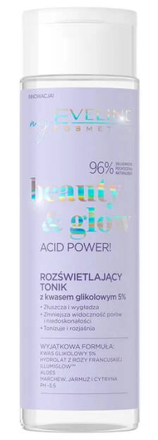 Eveline Beauty & Glow Acid Power! Rozświetlający Tonik z Kwasem Glikolowym 5% dla Każdego Rodzaju Skóry 200ml