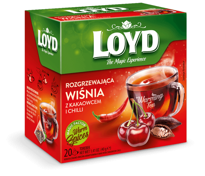 Loyd The Magic Experience Rozgrzewająca Aromatyzowana Herbata Ziołowo-Owocowa Wiśnia z Kakaowcem i Chilli 20x2g