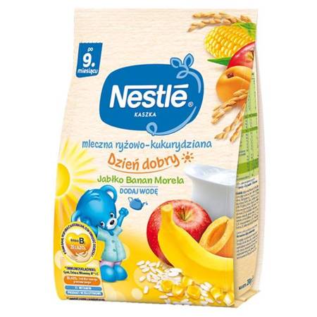 Nestle Dzień Dobry Kaszka Mleczna Ryżowo-Kukurydziana o Smaku Jabłka Bananów i Moreli po 9 Miesiącu 230g