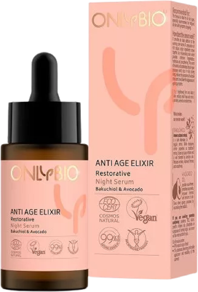 OnlyBio Anti Age Elixir Naprawcze Serum Nocne z Bakuchiolem i Awokado dla Każdego Typu Cery 30ml Best Before 12.07.24